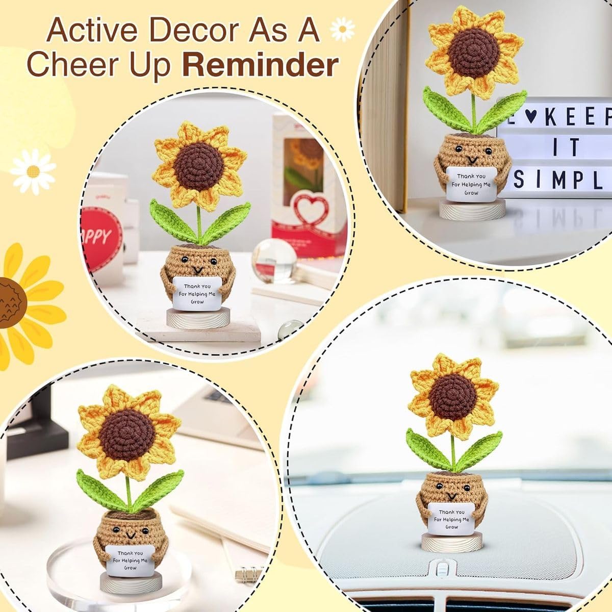 Cart In Mart 2 Pack Knitted Positive Sunflower Plush Soft Crochet Toy Desk Decor & Gift