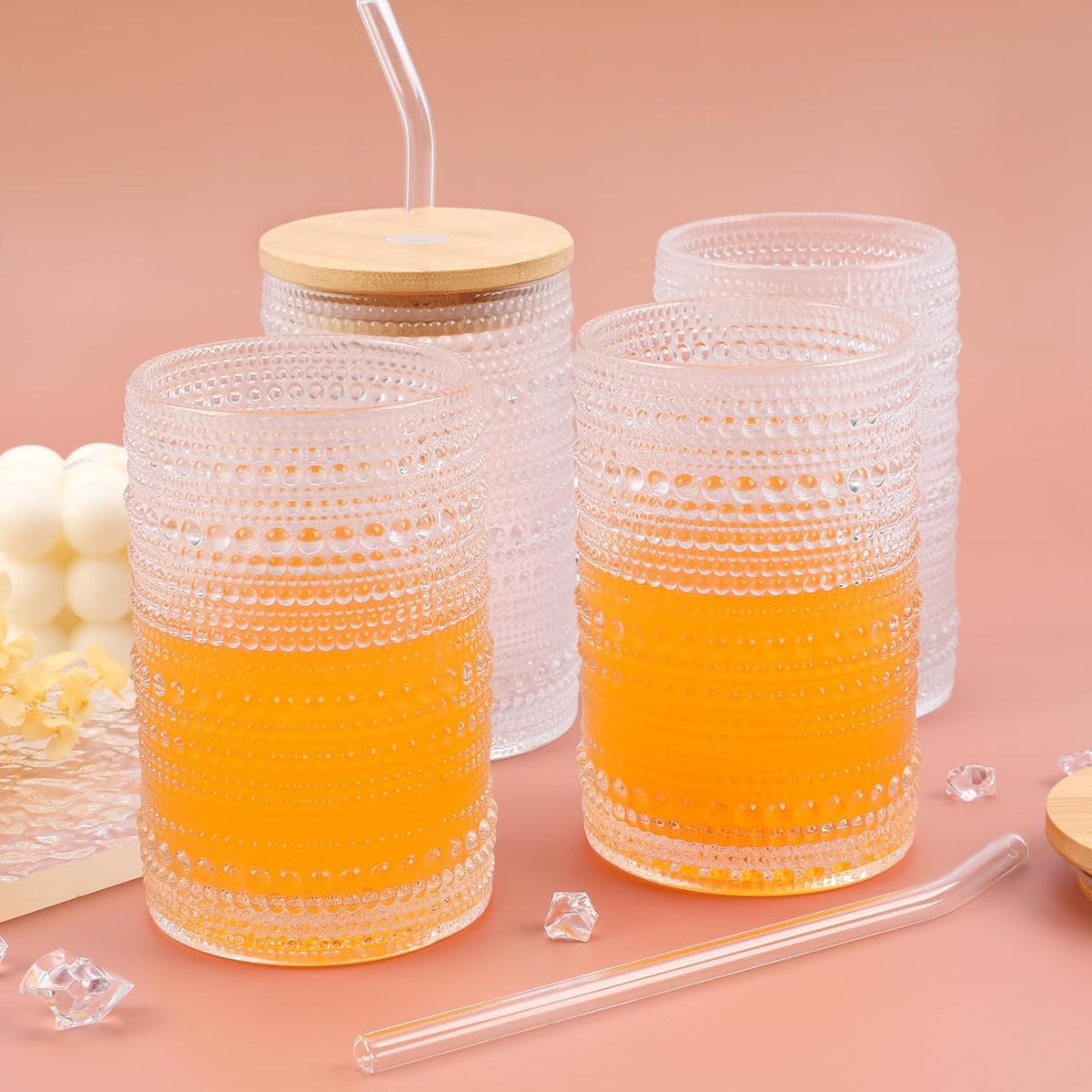 Cart In Mart Vintage Hobnail Drinking Glasses with Bamboo Lid & Glass Straw - 500ml - 4 Pack