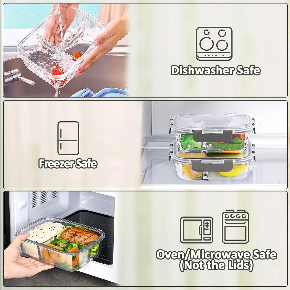 Cart In Mart 5 Pack Split Compartment Clear Airtight Glass Meal Prep Food Container- 1L