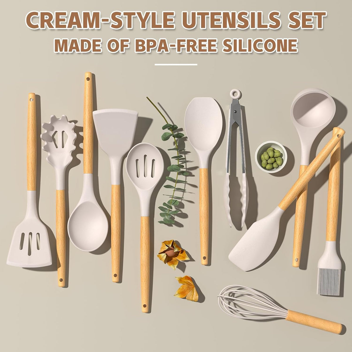 Cart In Mart 33 Piece Silicone Cooking Kitchen Utensils Spatula Tools Set - Khaki