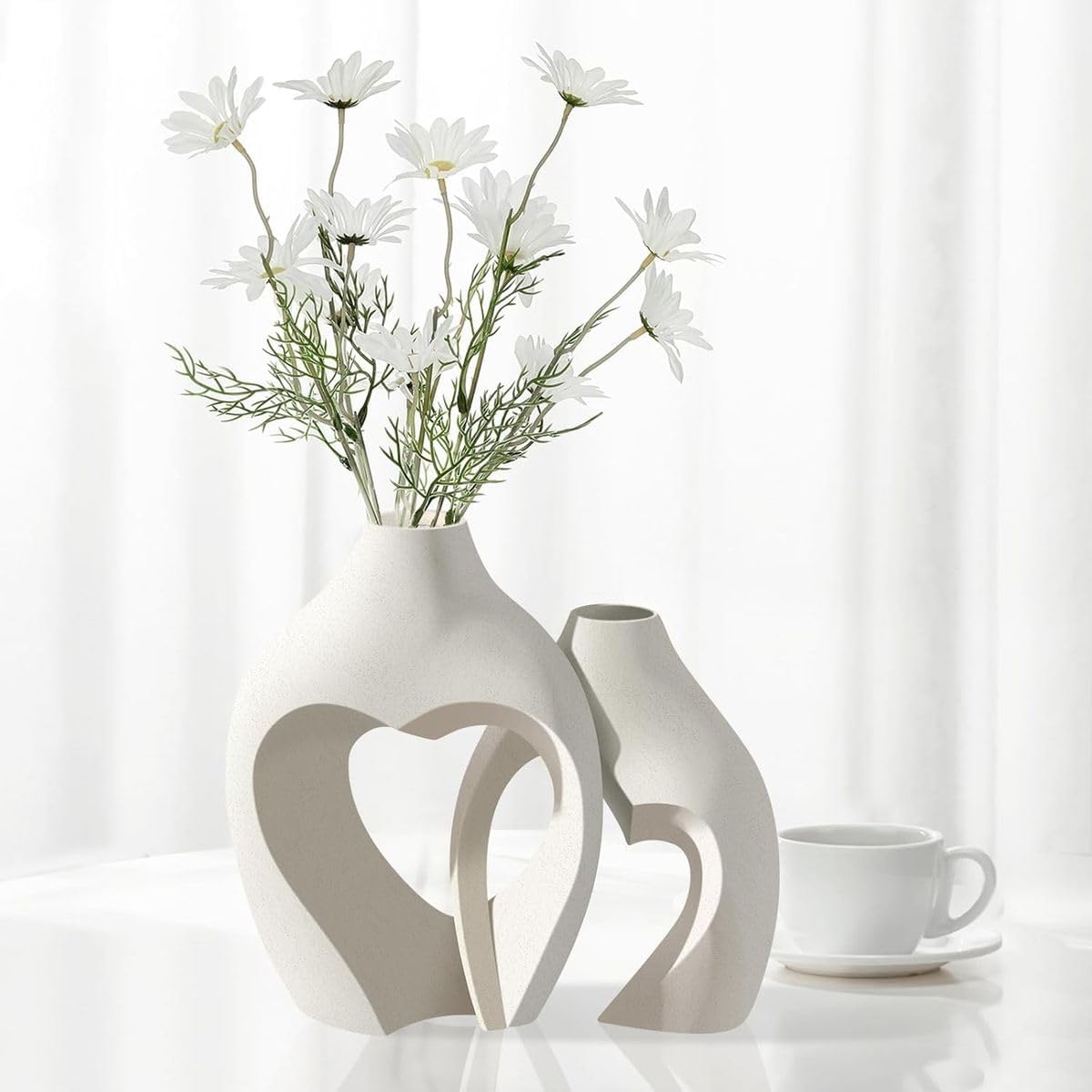 Cart In Mart Ceramic White Heart Vases set of 2 Nordic Modern Boho Style Decorative Vase