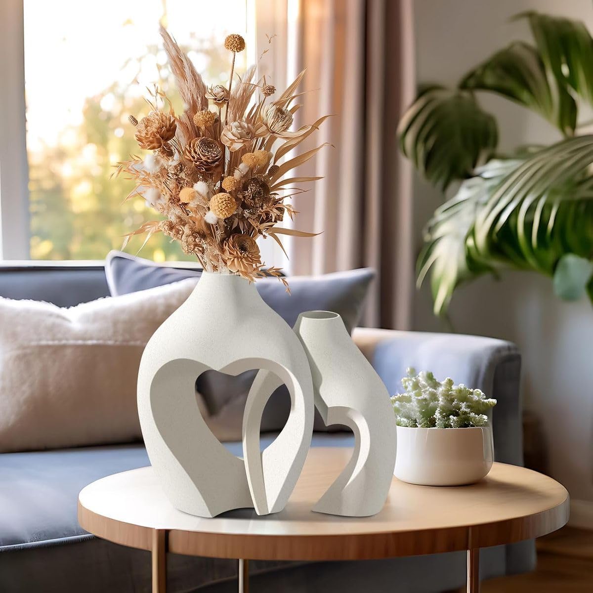 Cart In Mart Ceramic White Heart Vases set of 2 Nordic Modern Boho Style Decorative Vase