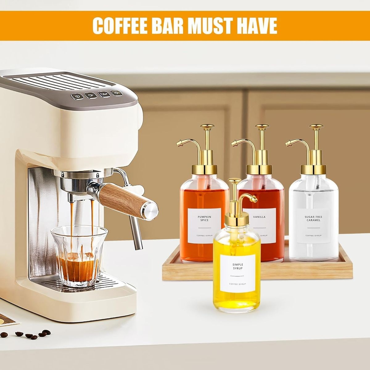 Cart In Mart 4 Pack Glass Coffee Syrup Dispenser With Labels, Gold Pump, Funnel 500ml
