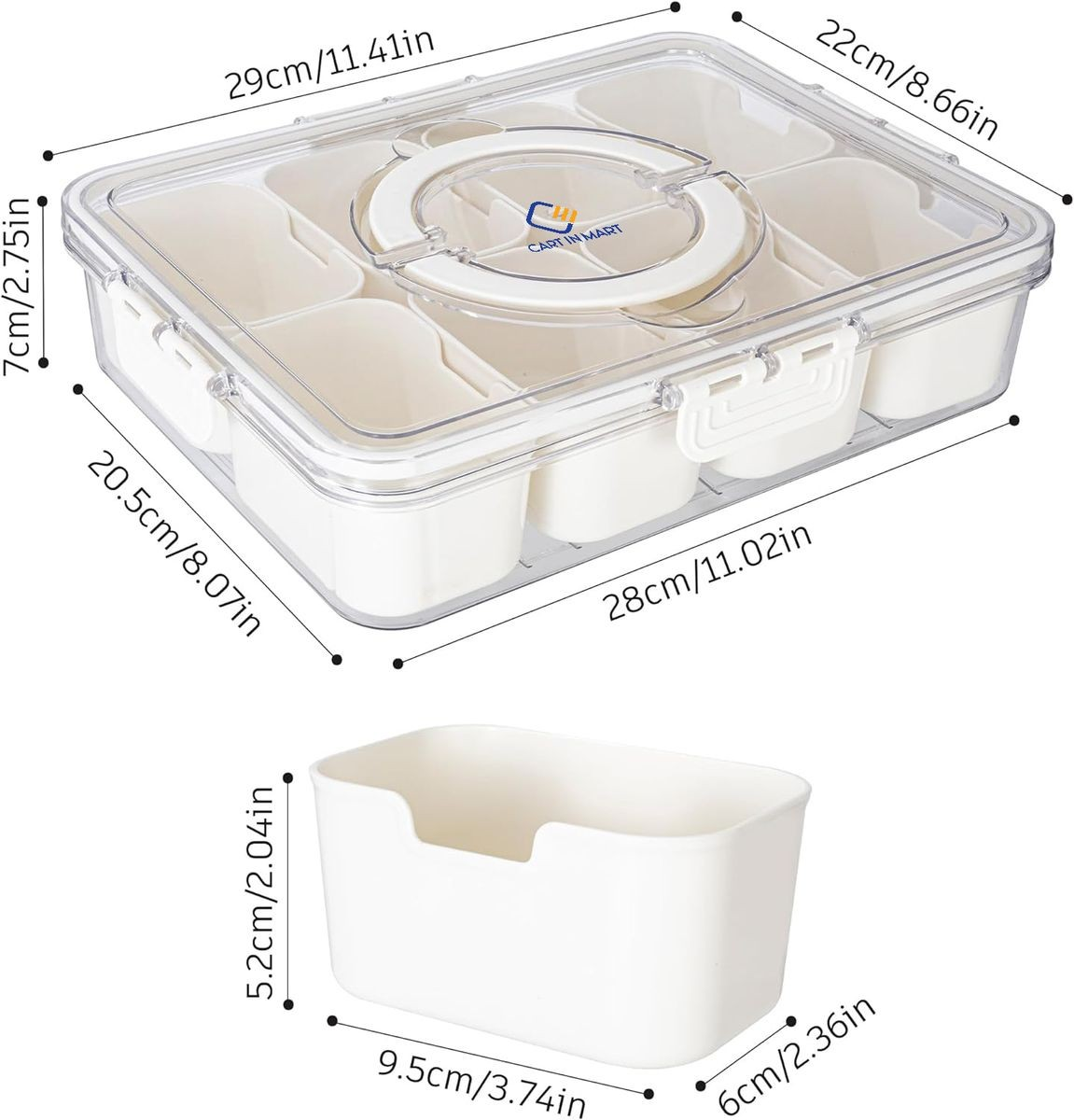 Cart In Mart Clear Divided Serving Tray Dish With Lid and Handle Snackle Box Container