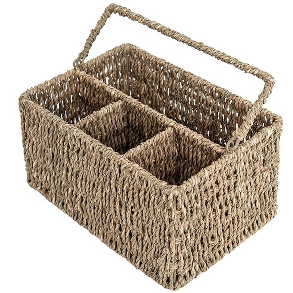 Cart in Mart Wicker Cutlery Holder With Handle Silverware Caddy Organiser For Tabletop - Seagrass