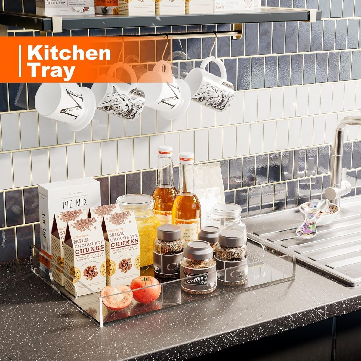 Cart In Mart Large Acrylic Serving Tray With Handles - Table Countertop Organiser Decor Clear