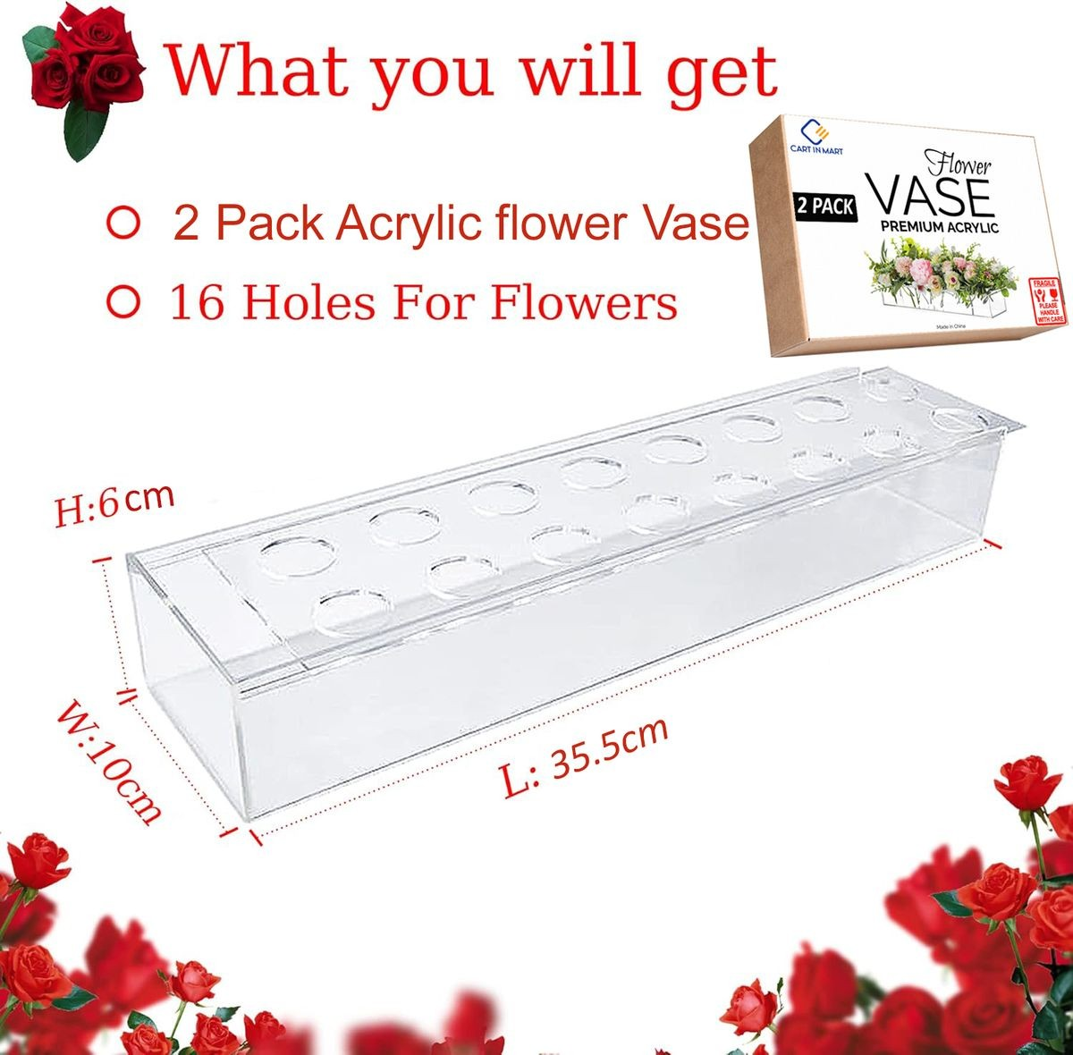 Cart In Mart 2 Pack Clear Acrylic Flower Vase With 16 Holes For Home Wedding Decor