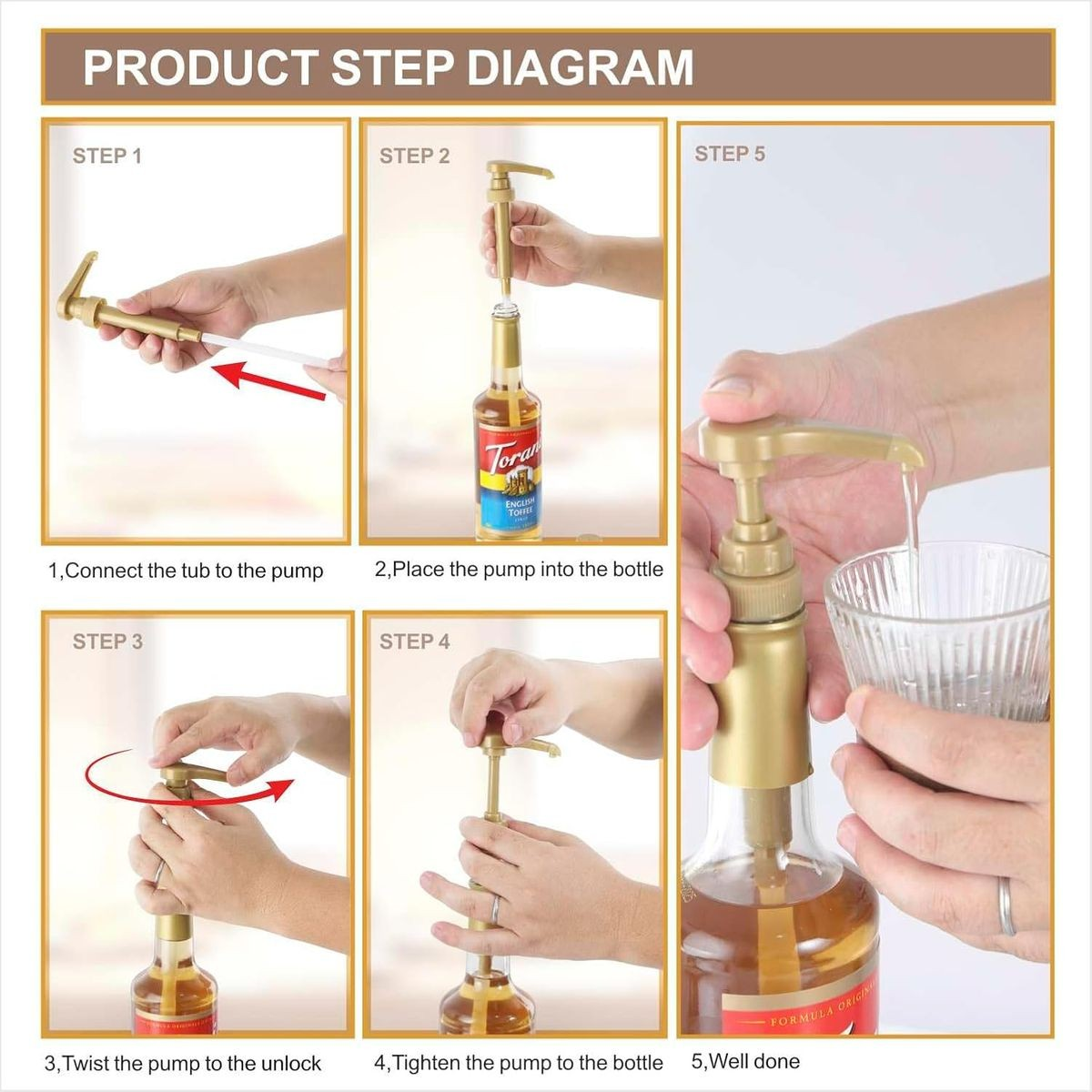 Cart In Mart 6-Pack Gold Squirt Coffee Syrup Pump Dispenser Kitchen Bar Bottles-750ml