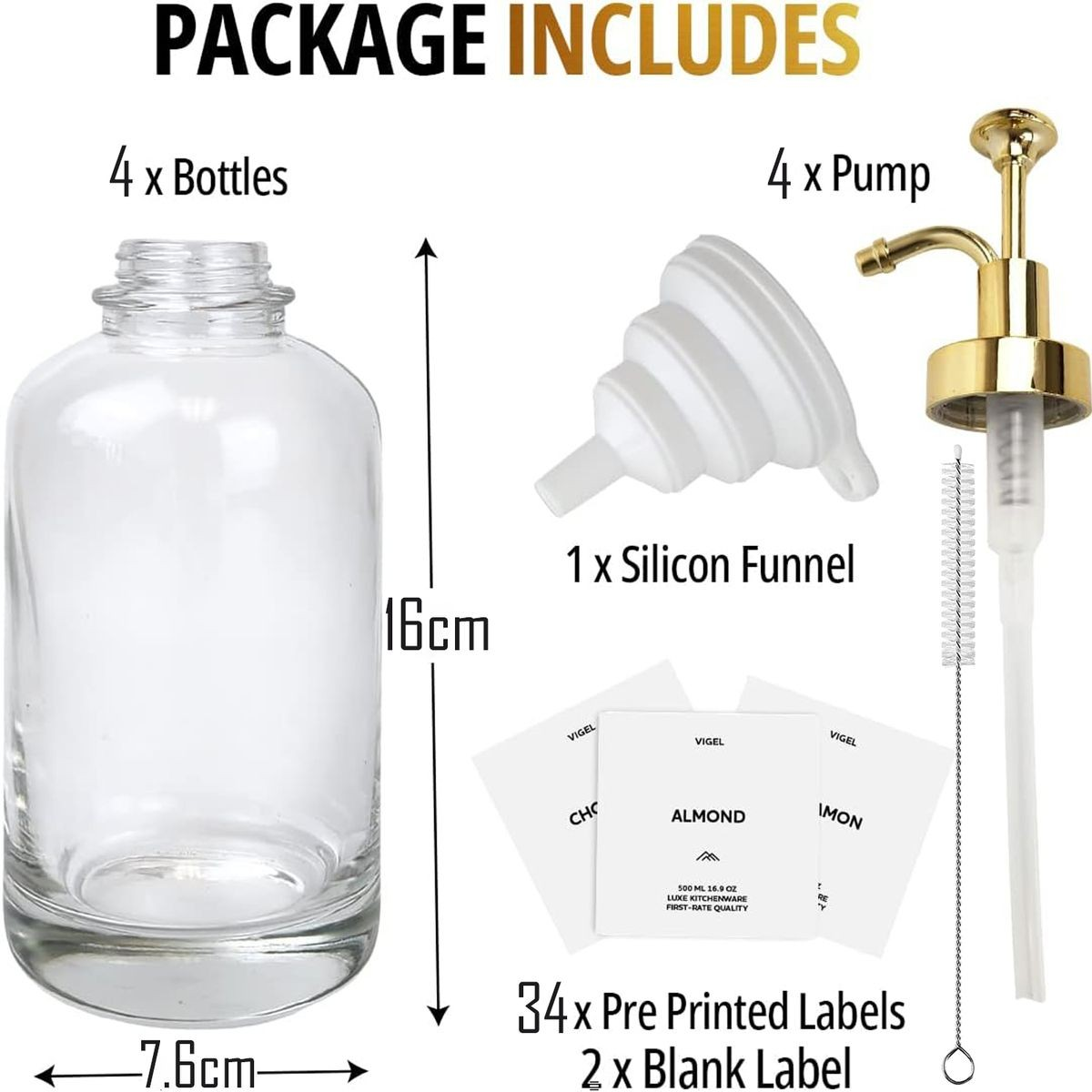 Cart In Mart 4 Pack Glass Coffee Syrup Dispenser With Labels, Gold Pump, Funnel 500ml