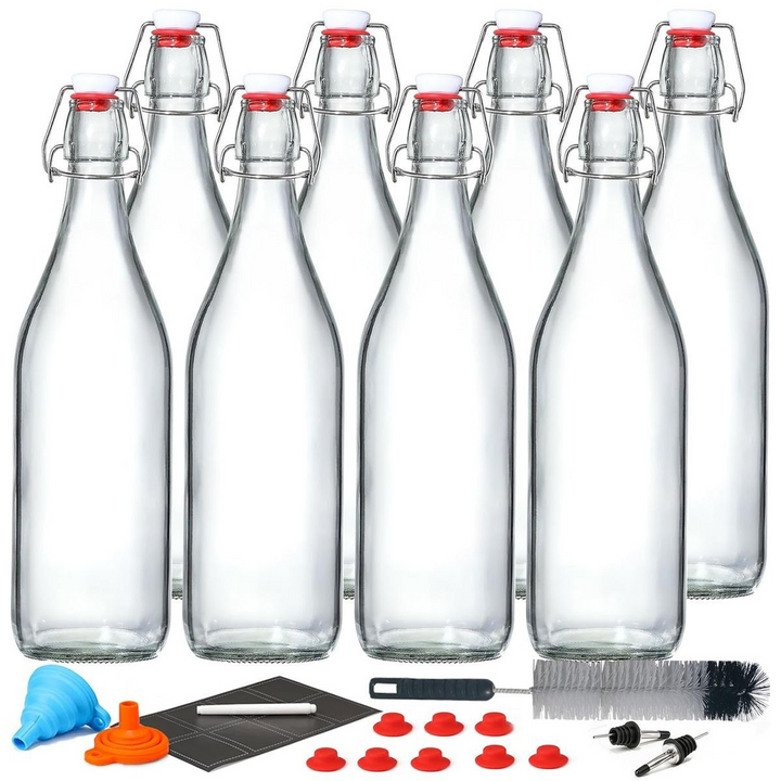8-pack 1L reusable swing-top glass bottles with stainless steel flip-top lids and silicone seals