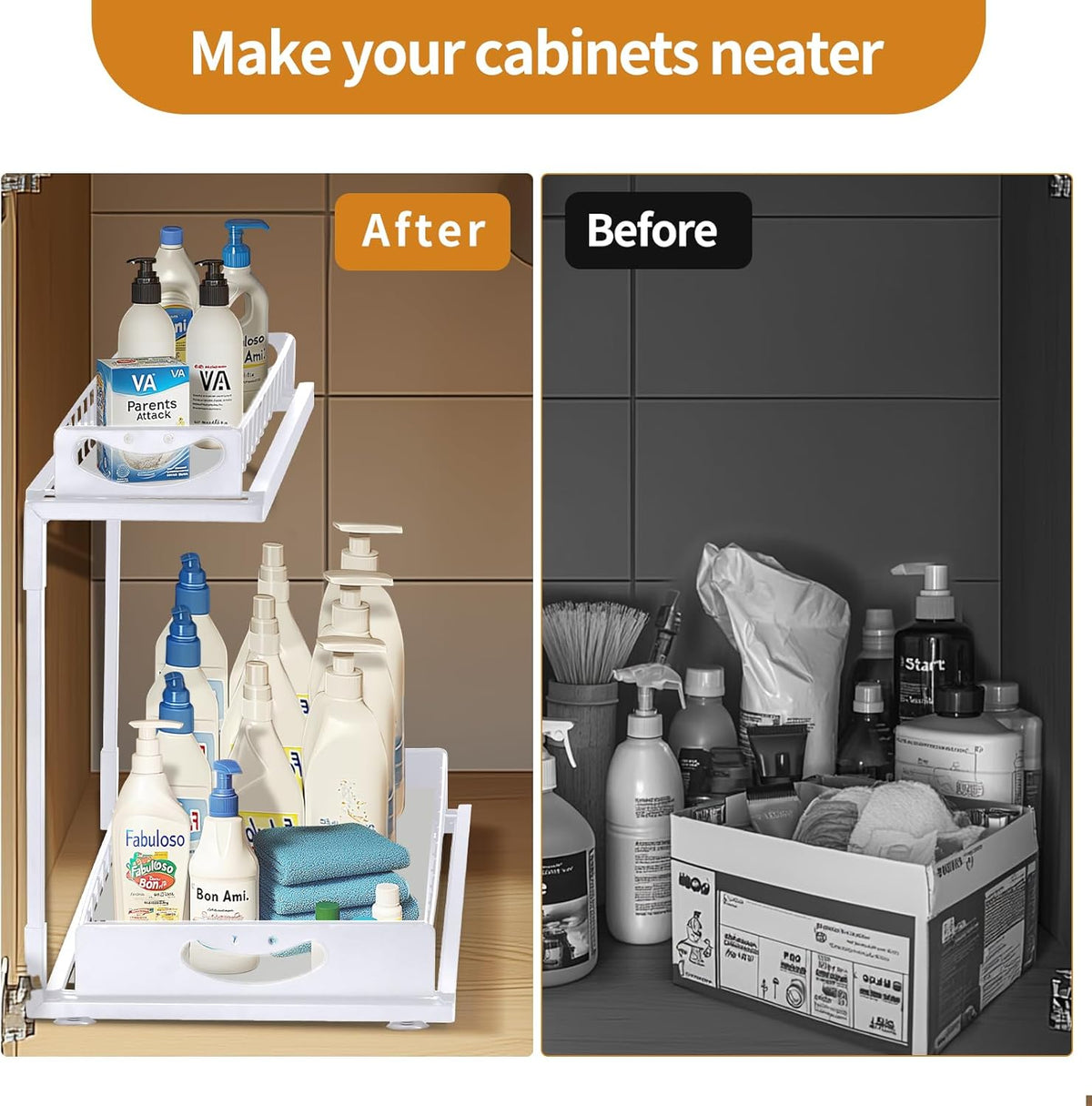 Cart In Mart 2-Pack Under Sink Organiser Kitchen Bathroom Pull Out Storage Shelves-White