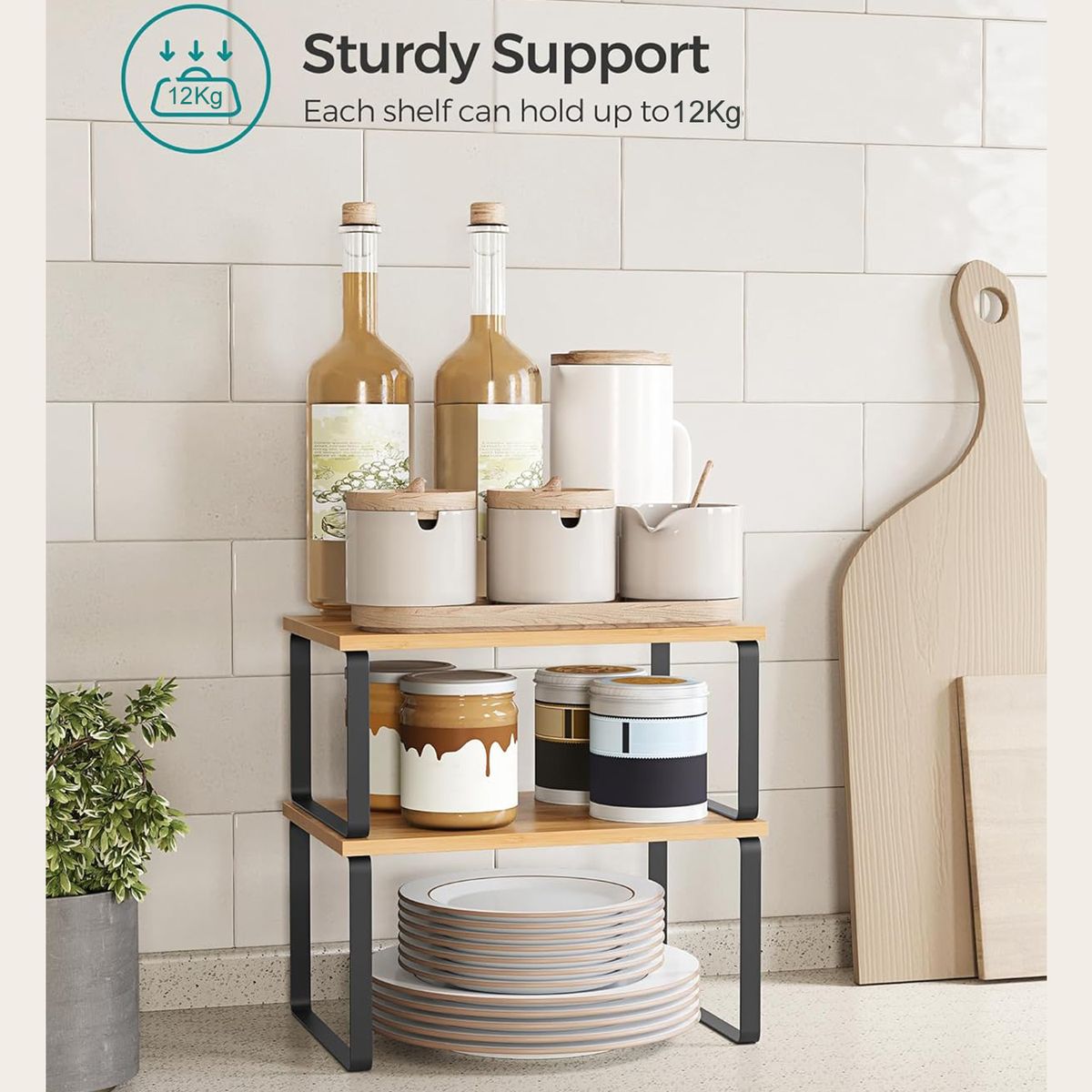 Cart In Mart Stackable Kitchen Cabinet Organiser Shelf Counter Storage - Multipurpose - Black & Beige - 4 Pack