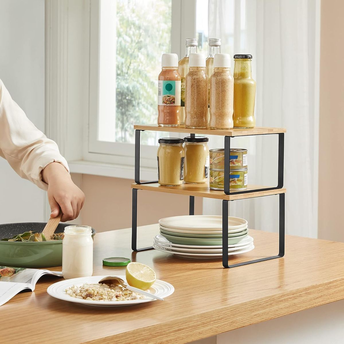 Cart In Mart Stackable Kitchen Cabinet Organiser Shelf Counter Storage - Multipurpose - Black & Beige - 4 Pack