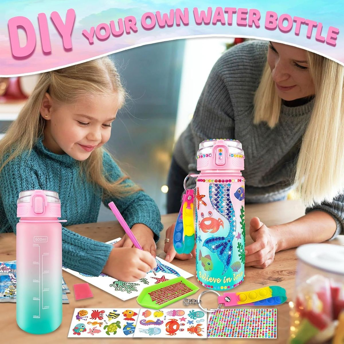 Cart In Mart Decorate Your Own Water Bottle Kits For Girls, Mermaid Painting Crafts DIY