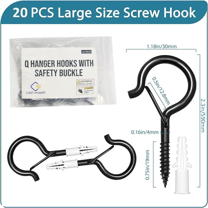 Cart In Mart 20 Piece Q Hanger Hooks With Safety Buckle Hanging Screw-5.6cm Multipurpose