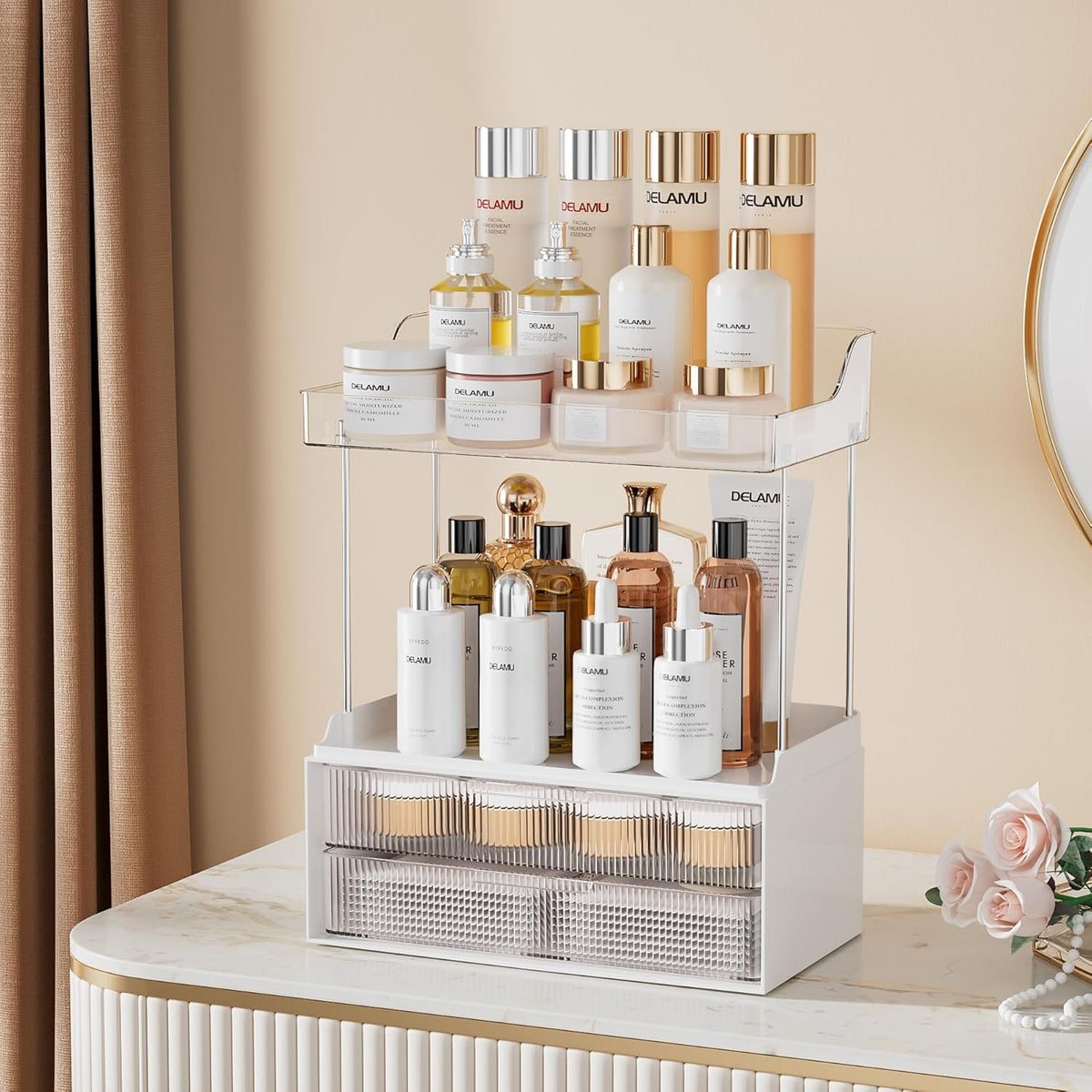 Cart In Mart 2-Tier 2-Drawer Bathroom Organiser Countertop Multi-Purpose Makeup Storage-Clear
