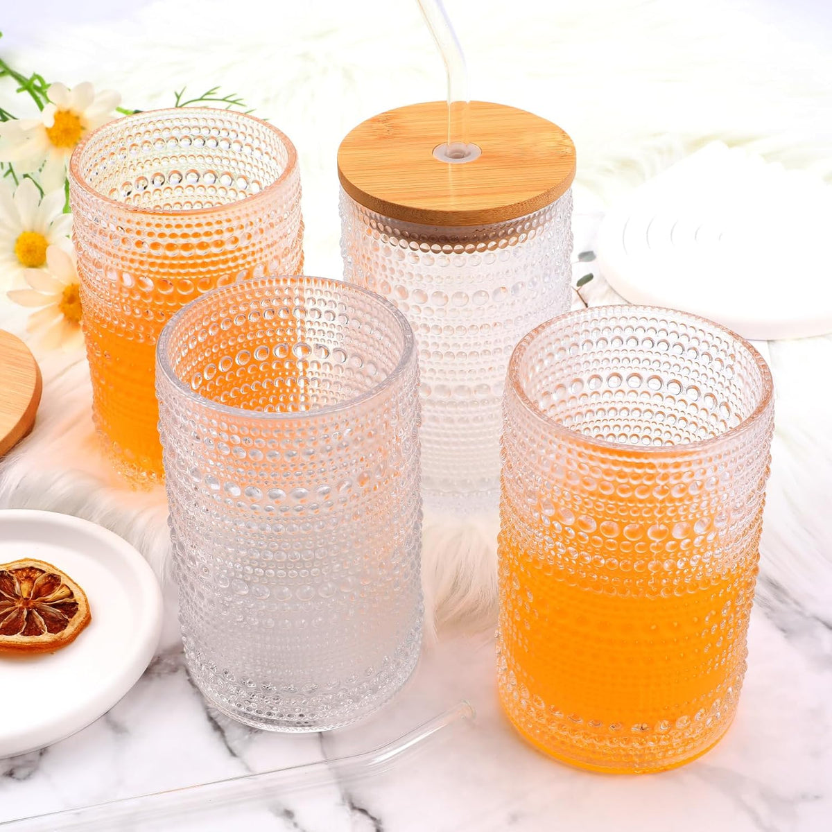 Cart In Mart Vintage Hobnail Drinking Glasses with Bamboo Lid & Glass Straw - 500ml - 4 Pack