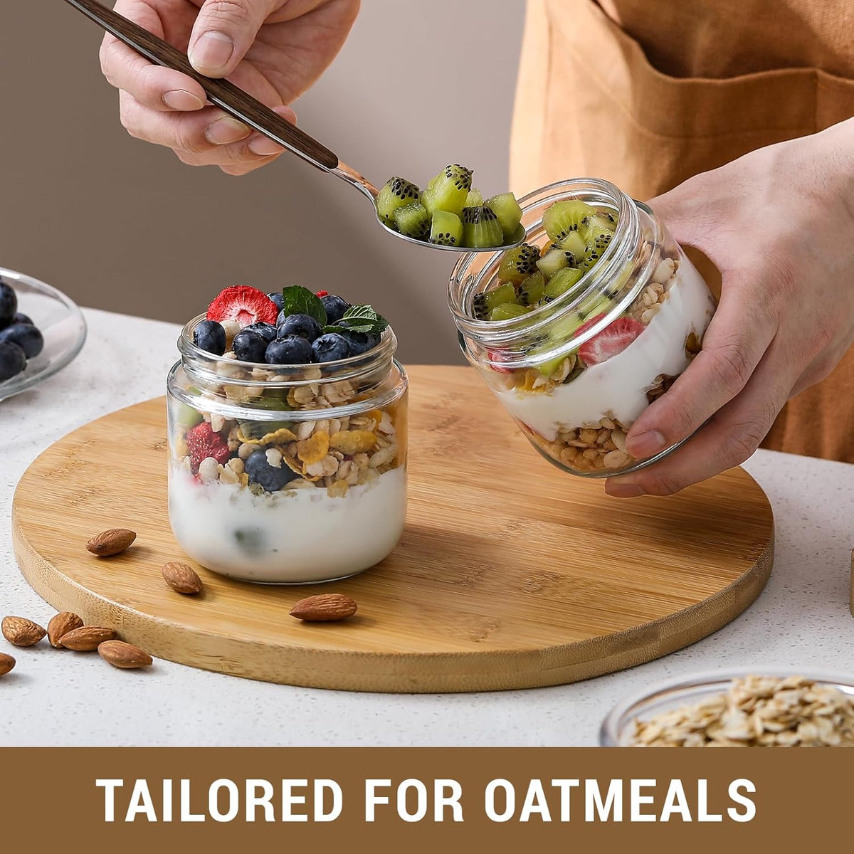 Cart In Mart 300ml each Overnight Oat Jars Airtight Container Bamboo Lid Kitchen Glass Storage -4 Pack