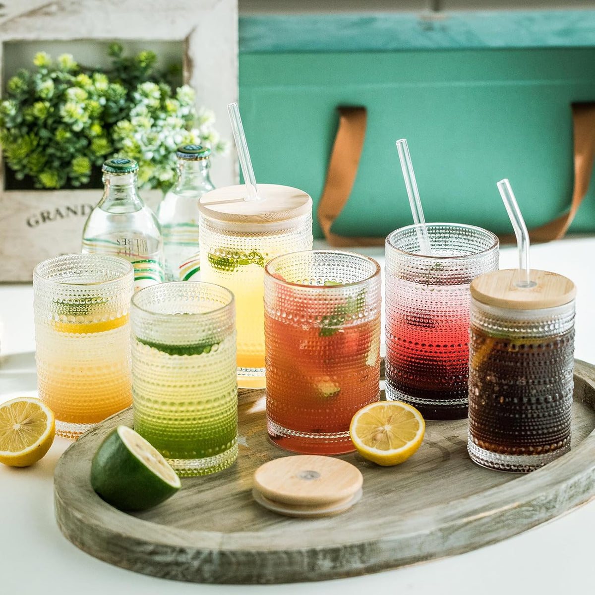 Cart In Mart Vintage Hobnail Drinking Glasses with Bamboo Lid & Glass Straw - 500ml - 4 Pack