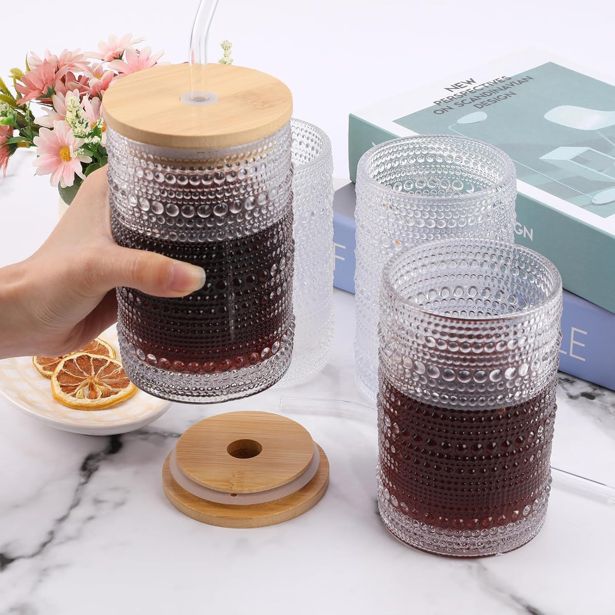 Cart In Mart Vintage Hobnail Drinking Glasses with Bamboo Lid & Glass Straw - 500ml - 4 Pack