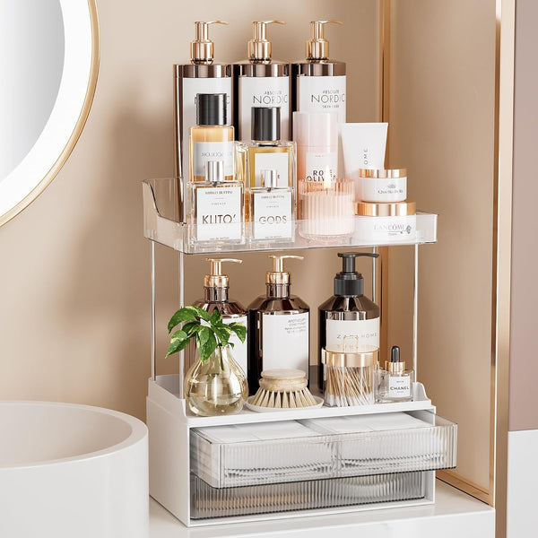 Cart in Mart 2-Tier 2-Drawer Bathroom Organiser Countertop Multi-Purpose Makeup Storage-Clear