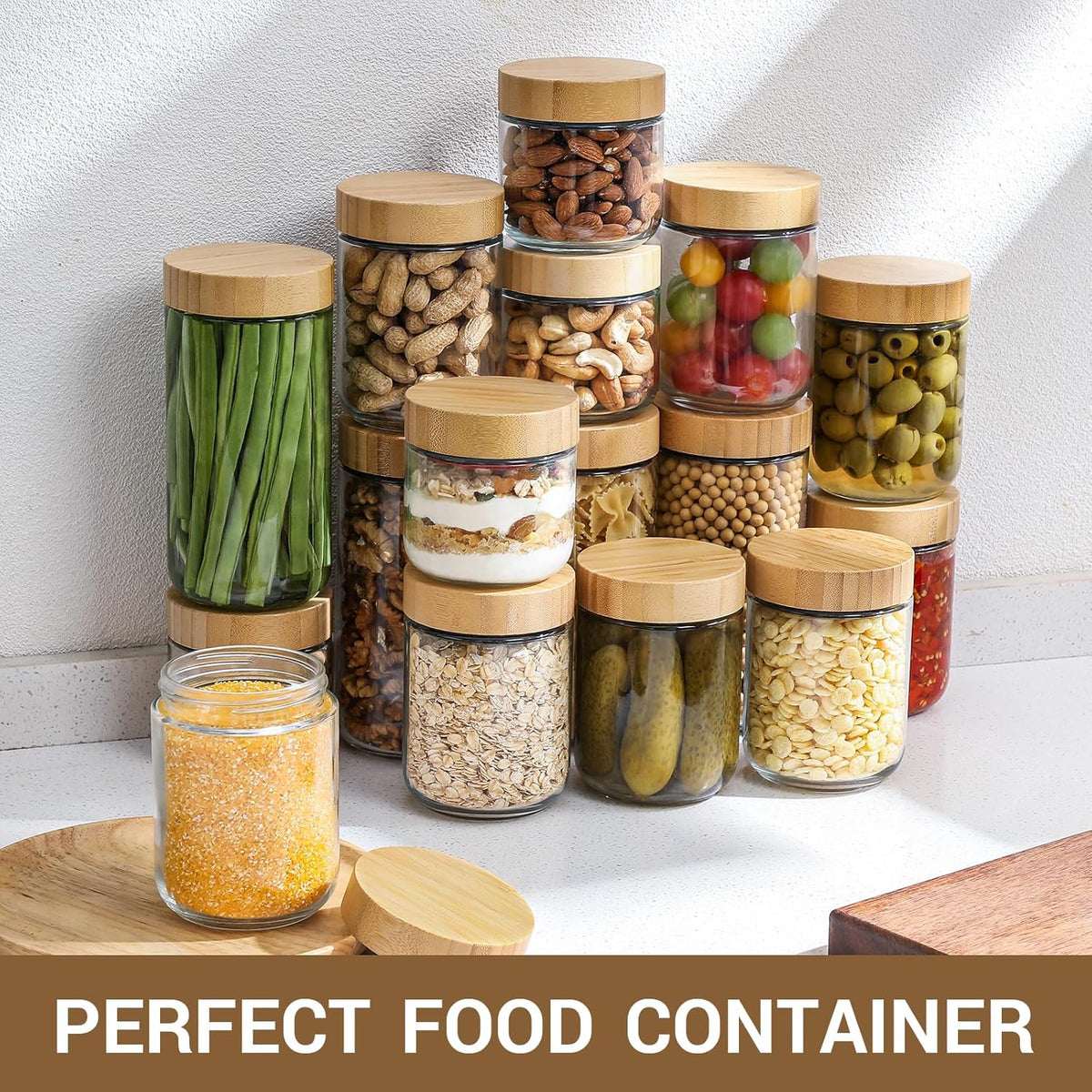 Cart In Mart 300ml each Overnight Oat Jars Airtight Container Bamboo Lid Kitchen Glass Storage -4 Pack