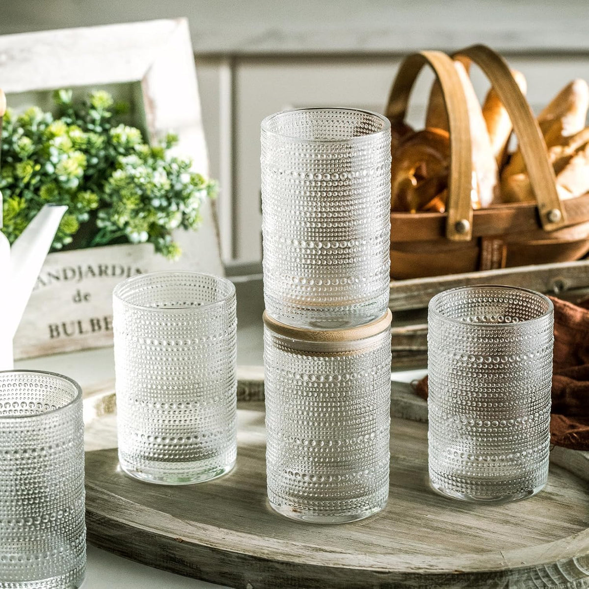 Cart In Mart Vintage Hobnail Drinking Glasses with Bamboo Lid & Glass Straw - 500ml - 4 Pack