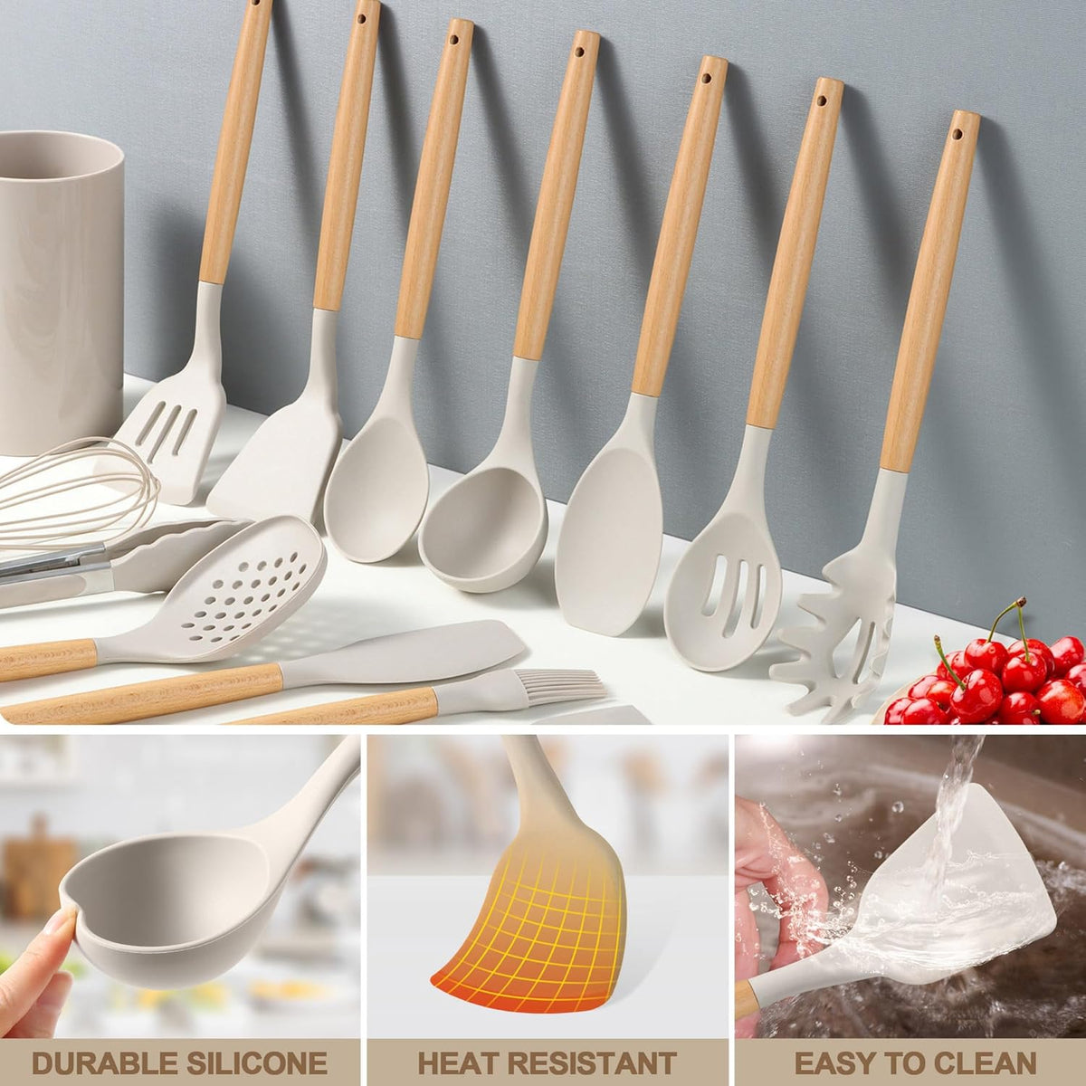 Cart In Mart 33 Piece Silicone Cooking Kitchen Utensils Spatula Tools Set - Khaki