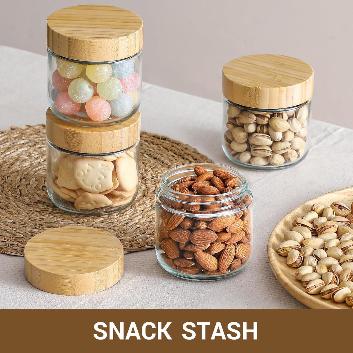 Cart In Mart 300ml each Overnight Oat Jars Airtight Container Bamboo Lid Kitchen Glass Storage -4 Pack