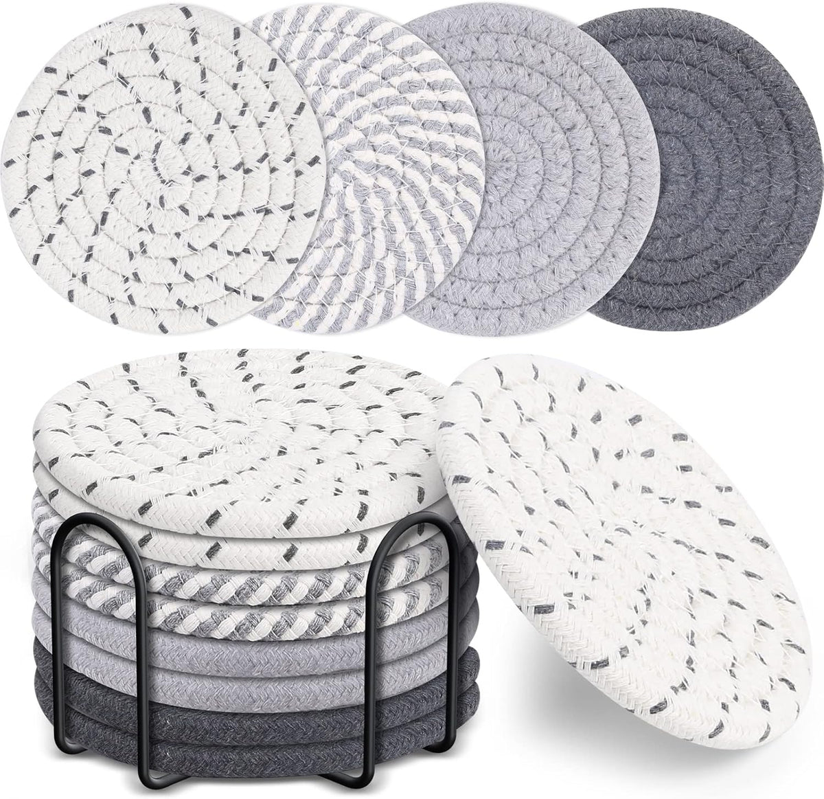 Cart In Mart 8 Pack Cotton Drink Coasters With Holder For Drinks Cups Hand Woven - Mixed Grey - 11 cm