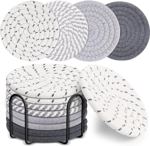 Cart in Mart 8 Pack Cotton Drink Coasters With Holder For Drinks Cups Hand Woven - Mixed Grey - 11 cm