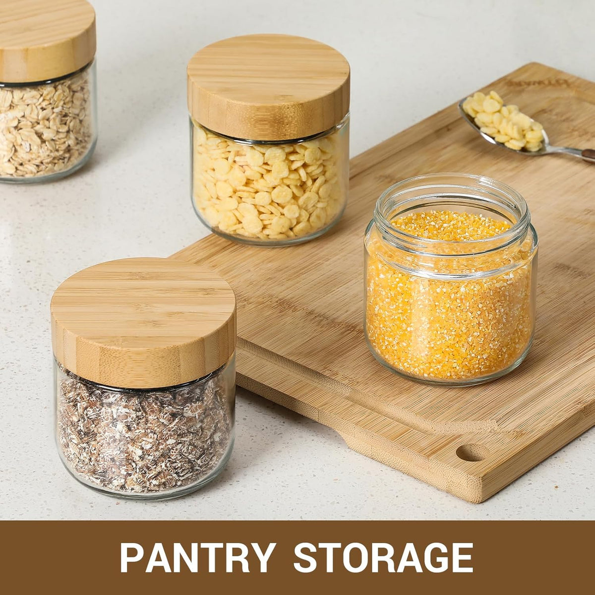 Cart In Mart 300ml each Overnight Oat Jars Airtight Container Bamboo Lid Kitchen Glass Storage -4 Pack