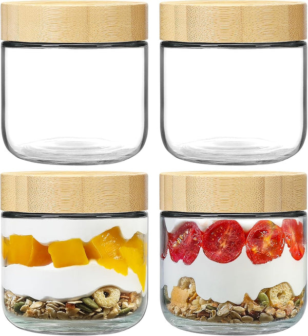 Cart In Mart 300ml each Overnight Oat Jars Airtight Container Bamboo Lid Kitchen Glass Storage -4 Pack