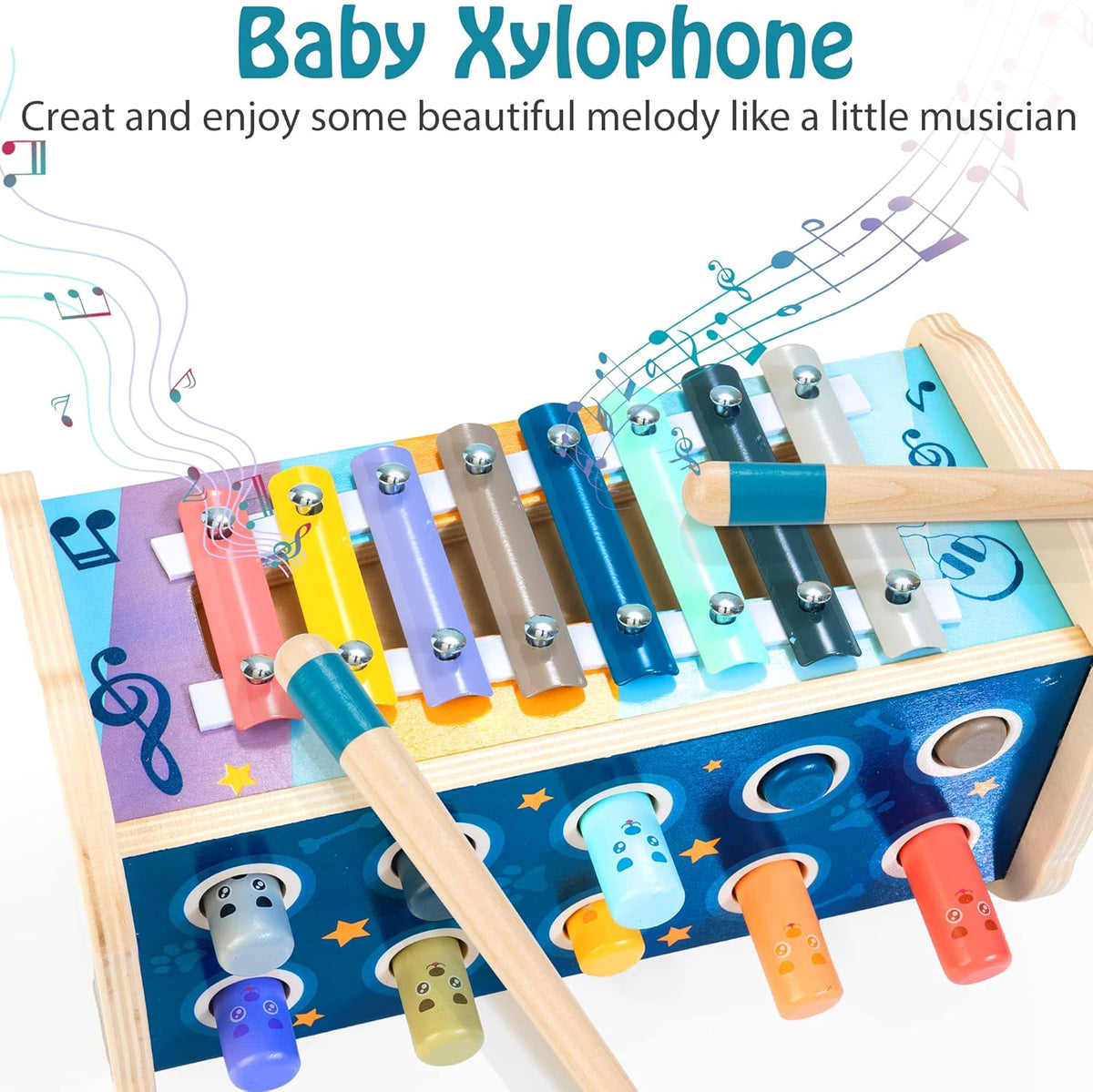 Cart In Mart Wooden Montessori Toddler Toy-Hammering Pounding & Xylophone,Number Sorter