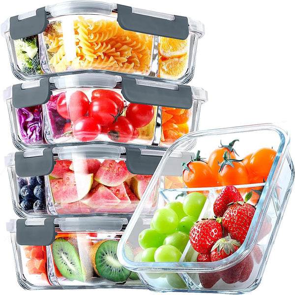 5 Pack Split Compartment Clear Airtight Glass Meal Prep Food Container- 1L