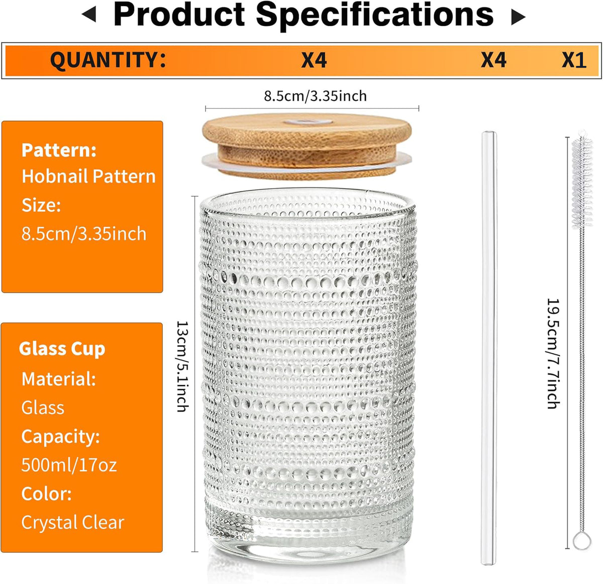 Cart In Mart Vintage Hobnail Drinking Glasses with Bamboo Lid & Glass Straw - 500ml - 4 Pack