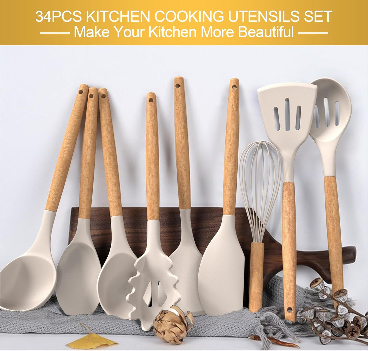 Cart In Mart 33 Piece Silicone Cooking Kitchen Utensils Spatula Tools Set - Khaki