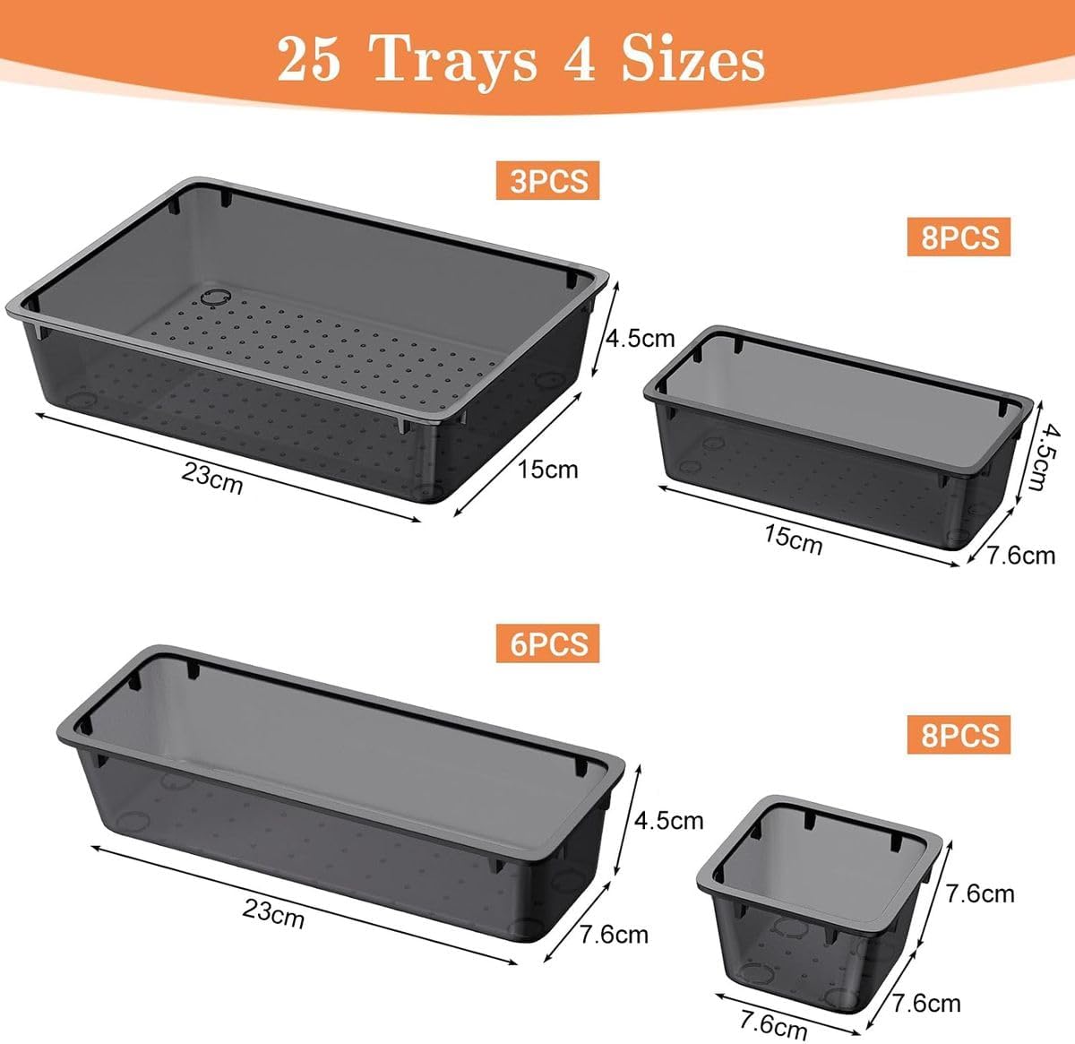 Cart In Mart 25 Piece Acrylic Drawer Organizer Bins 4 Sizes Cosmetic Kitchen Tray-Black