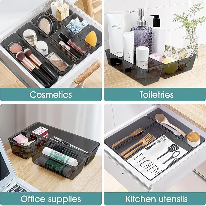 Cart In Mart 25 Piece Acrylic Drawer Organizer Bins 4 Sizes Cosmetic Kitchen Tray-Black