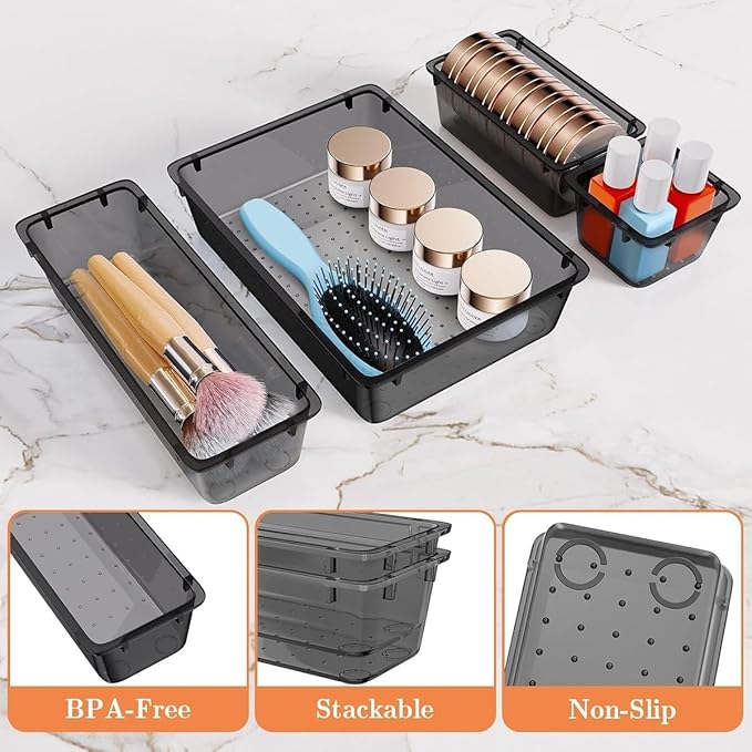 Cart In Mart 25 Piece Acrylic Drawer Organizer Bins 4 Sizes Cosmetic Kitchen Tray-Black