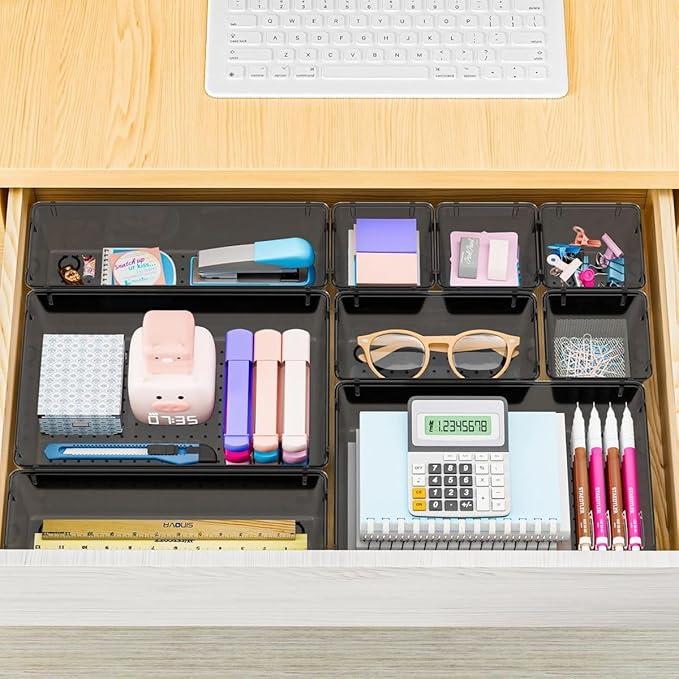 Cart In Mart 25 Piece Acrylic Drawer Organizer Bins 4 Sizes Cosmetic Kitchen Tray-Black