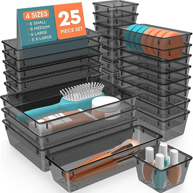 Cart In Mart 25 Piece Acrylic Drawer Organizer Bins 4 Sizes Cosmetic Kitchen Tray-Black