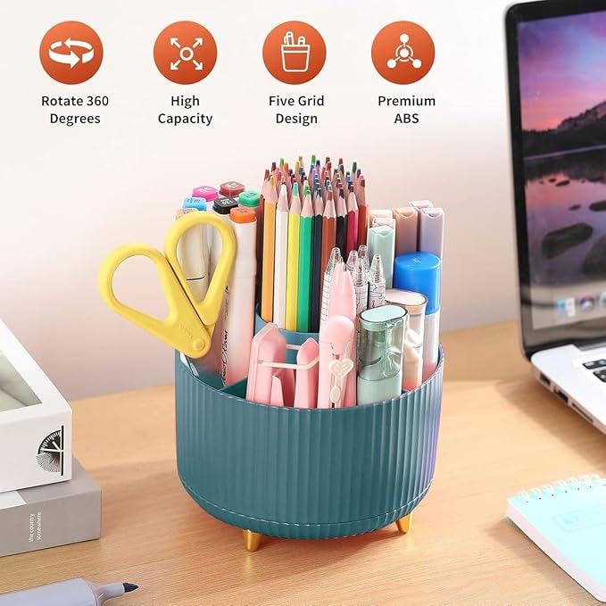 Cart In Mart 360 Rotating Desk Organisers with 5 Slots for Office Pen Pencil Makeup Holder - Dark Green