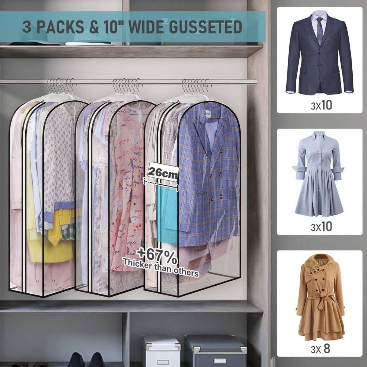 Cart In Mart 3 Pack Large Clear Garment Cover Bags Hanging Clothes Dustproof Waterproof