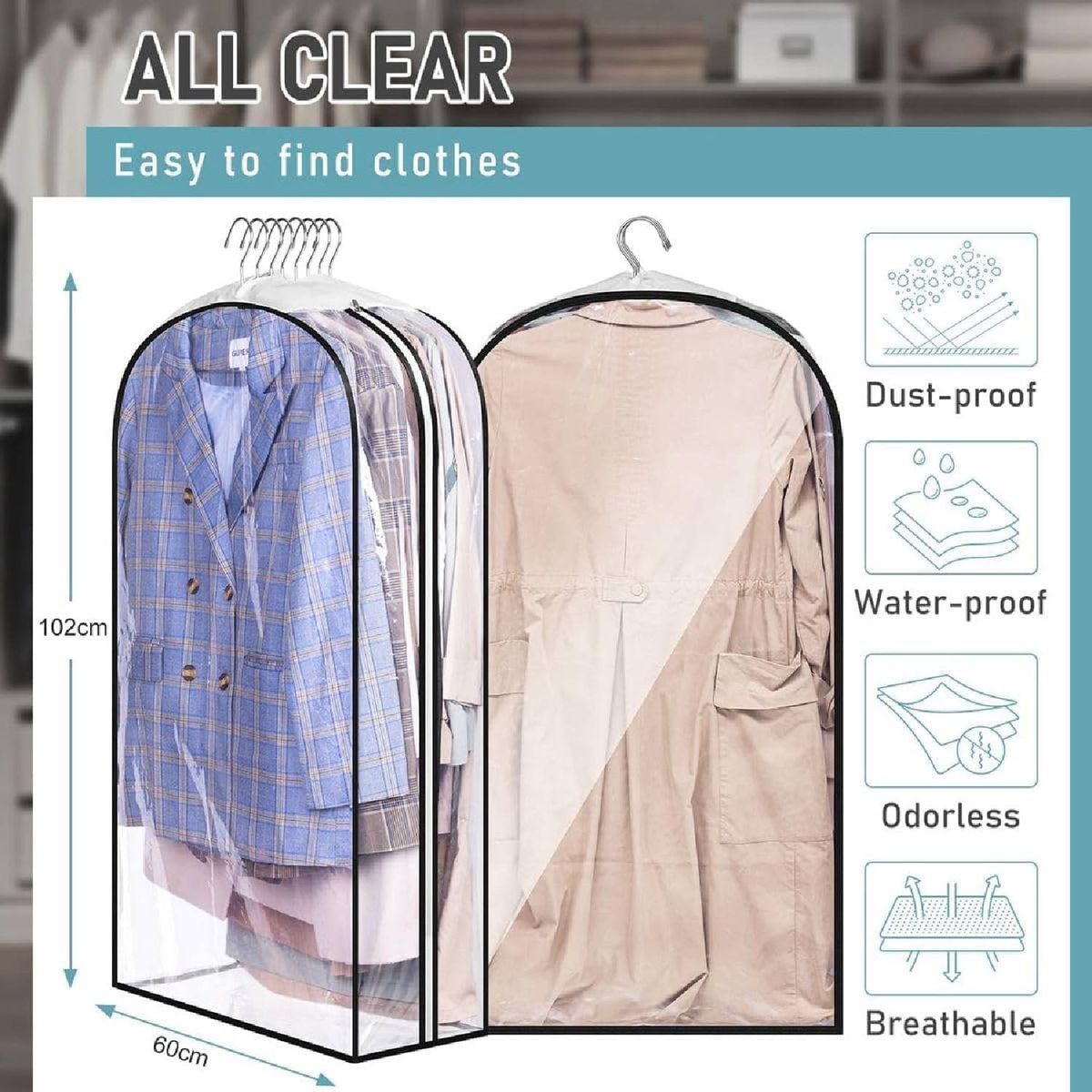 Cart In Mart 3 Pack Large Clear Garment Cover Bags Hanging Clothes Dustproof Waterproof