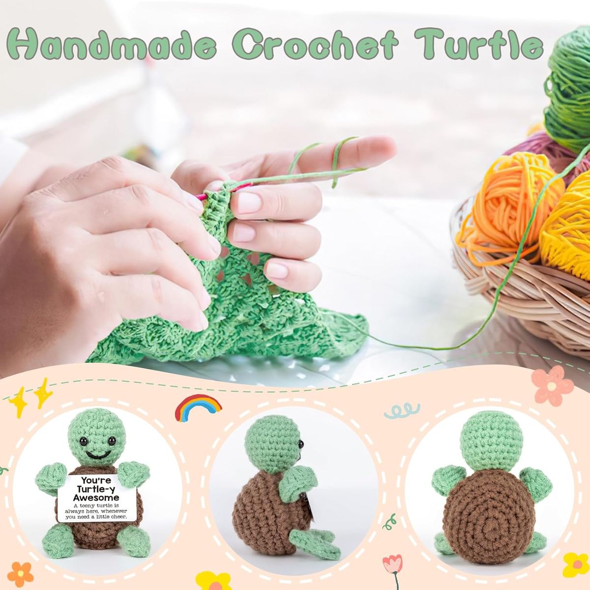 Cart In Mart 2 Pack Mini Funny Positive Turtle Cheer Up Gift Toy Knitted Crochet Decor