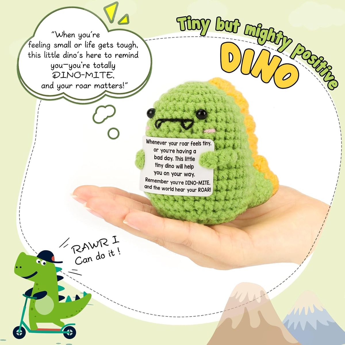 Cart In Mart 2 Pack Mini Funny Positive Dinosaur Cheer Up Gift Toy Knitted Crochet Decor