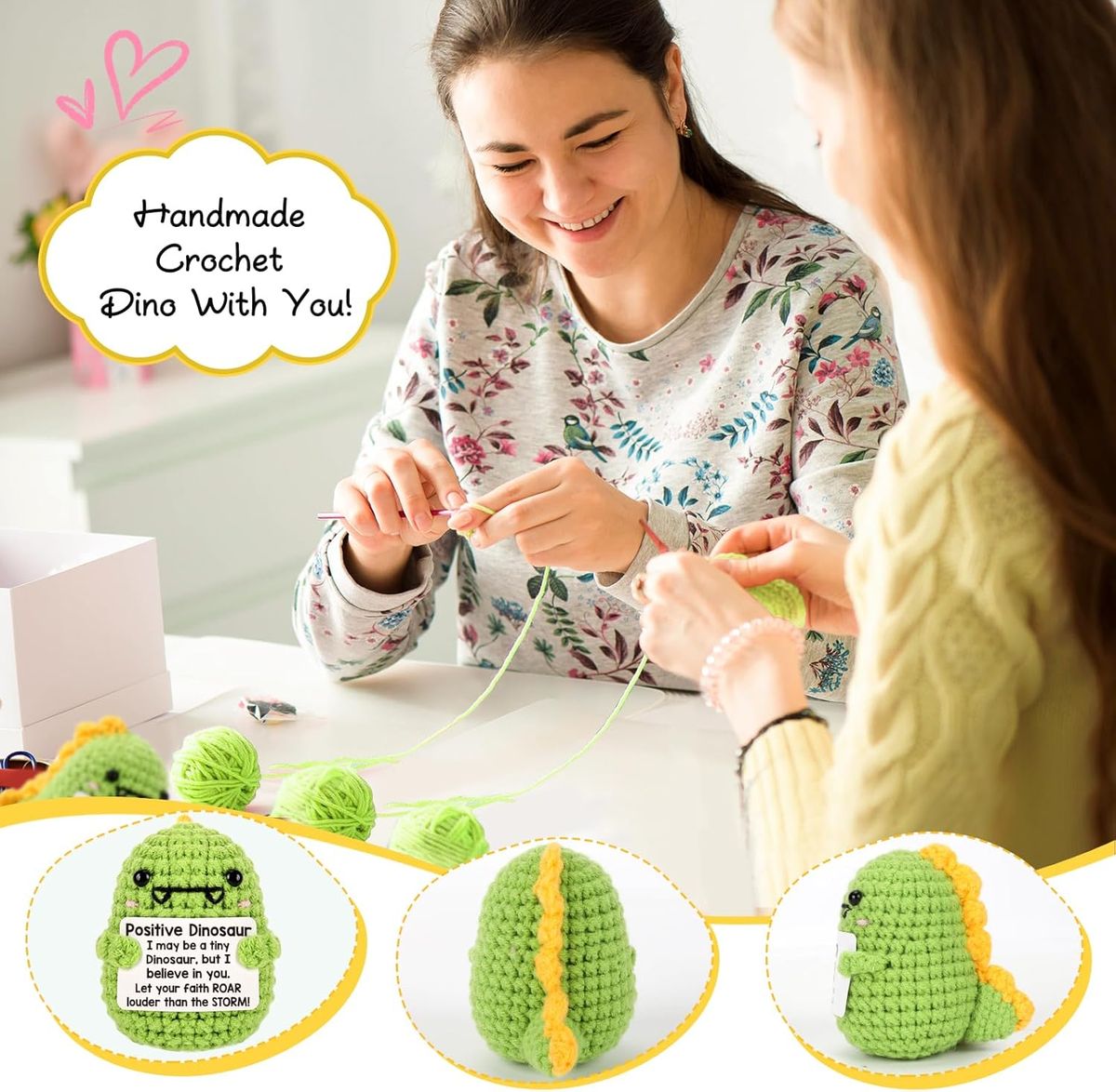 Cart In Mart 2 Pack Mini Funny Positive Dinosaur Cheer Up Gift Toy Knitted Crochet Decor