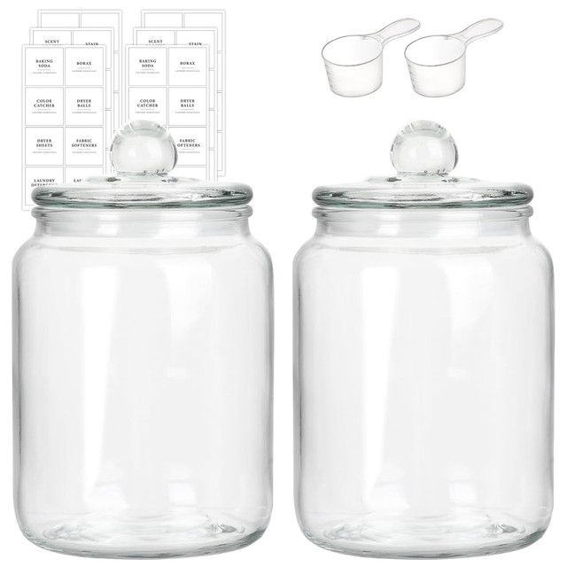 Cart In Mart 2 Pack Glass Jars For Laundry Room Organisation With Lid & Labels-2Liter
