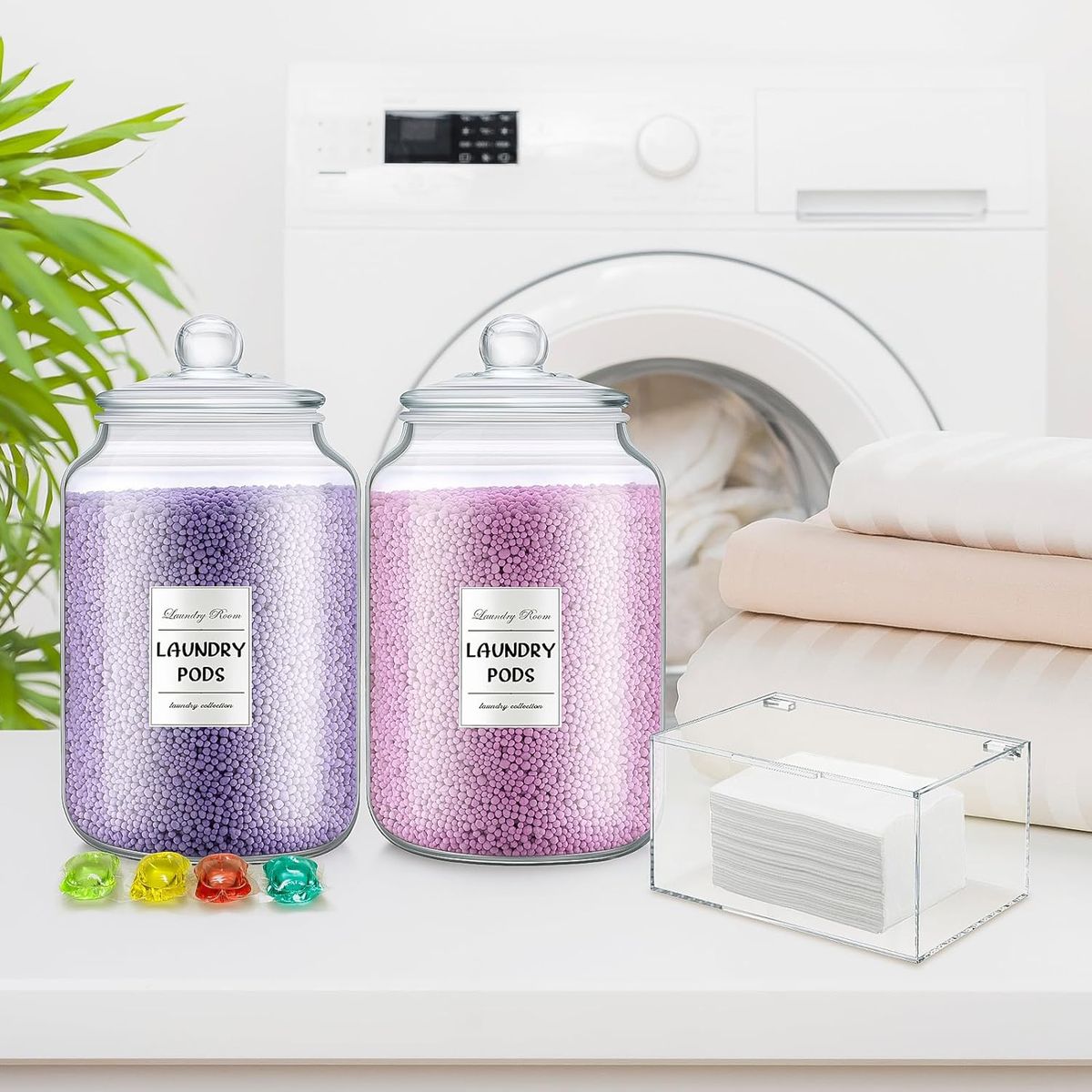Cart In Mart 2 Pack Glass Jars For Laundry Room Organisation With Lid & Labels-2Liter